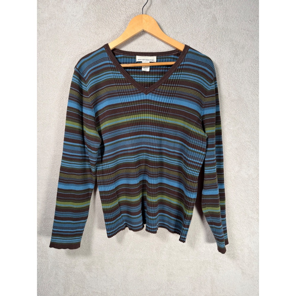 Jones New York Sport Womens 2X V-Neck Ribbed Striped Cotton Sweater Brown Blue
